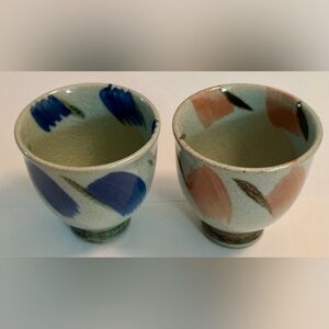 Japanese-Style Ceramic Cups Set of 2 – Unique Gray, Pink & Blue Hand-Painted